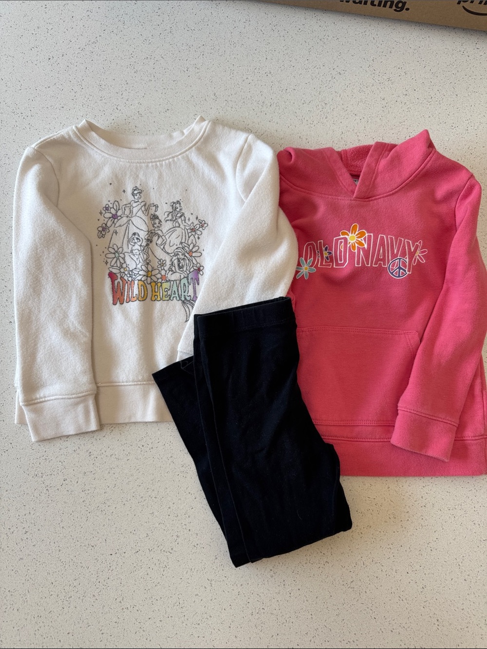 Old Navy Pink Hoodie, Disney Sweatshirt & Black Leggings
